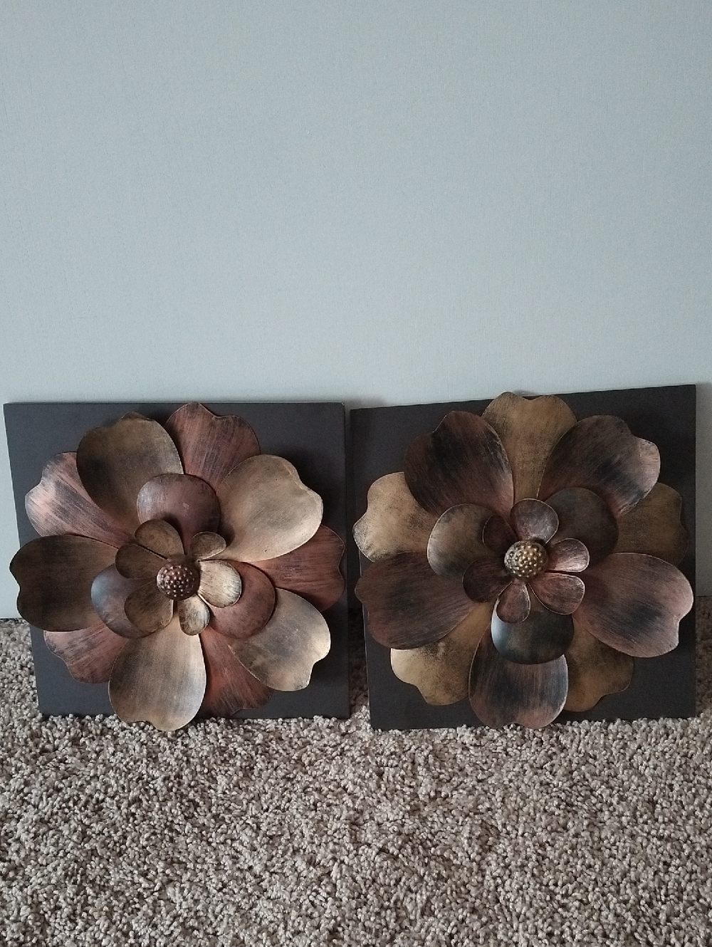 Metal Floral Wall Art Pair in Antique Bronze and Copper